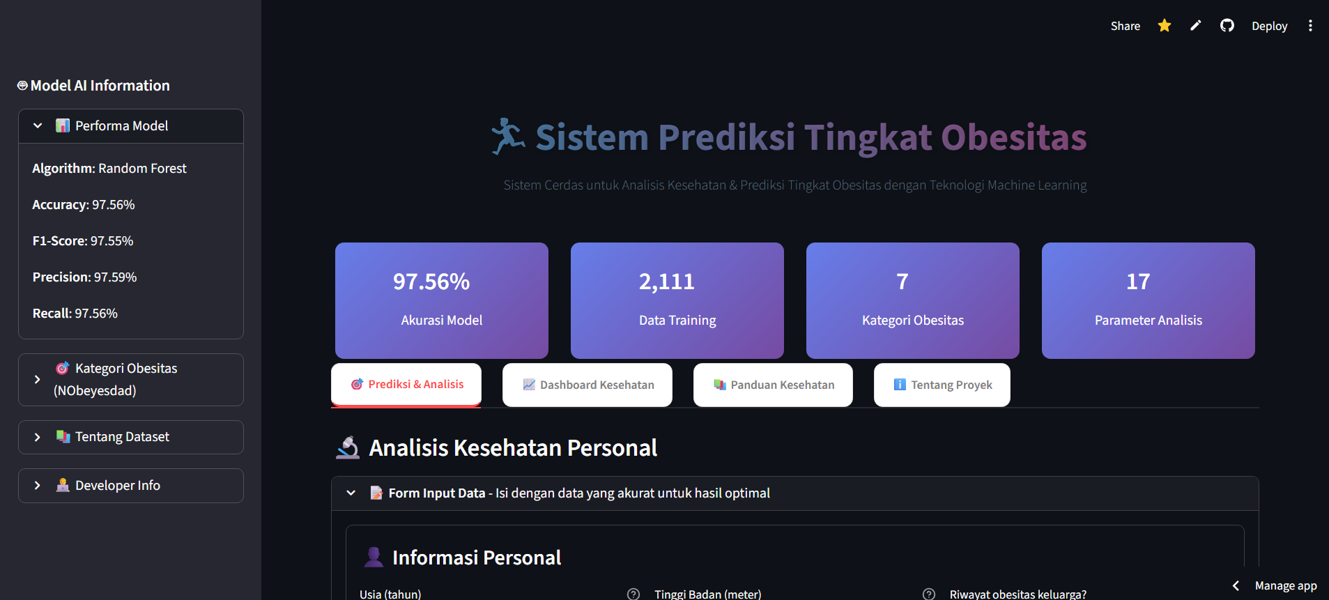 Sistem AI Prediksi Obesitas (Random Forest) - Data Science & Machine Learning Portfolio Project by Firman Naufal Aryaputra